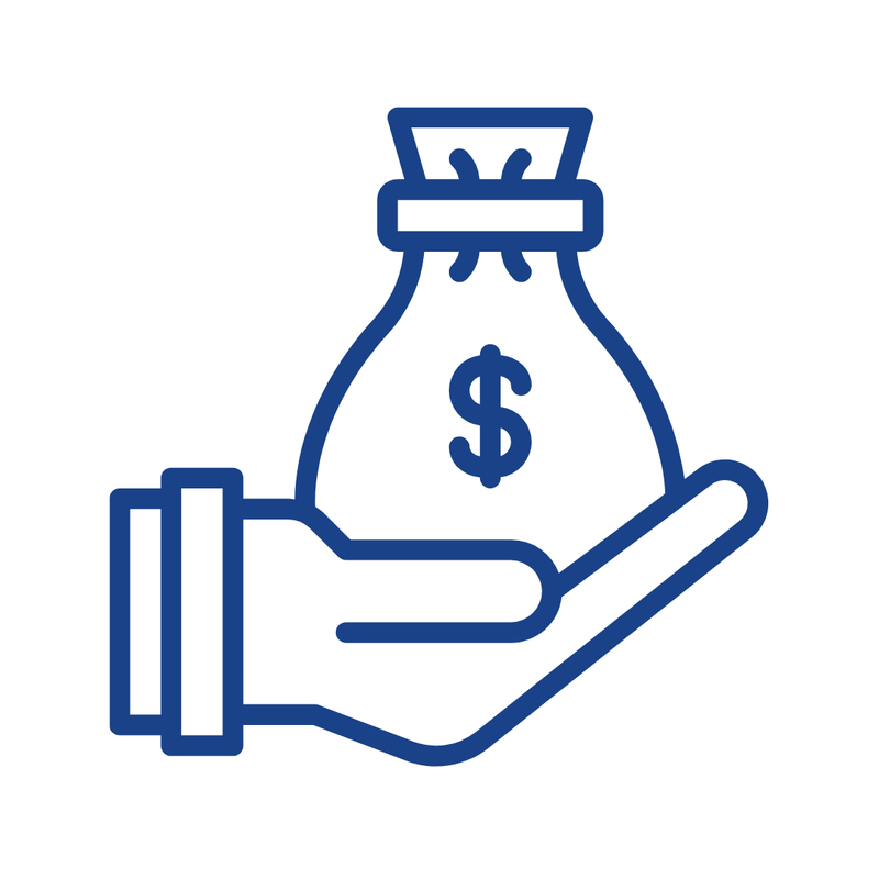 Icon of a hand holding a bag imprinted with a dollar sign